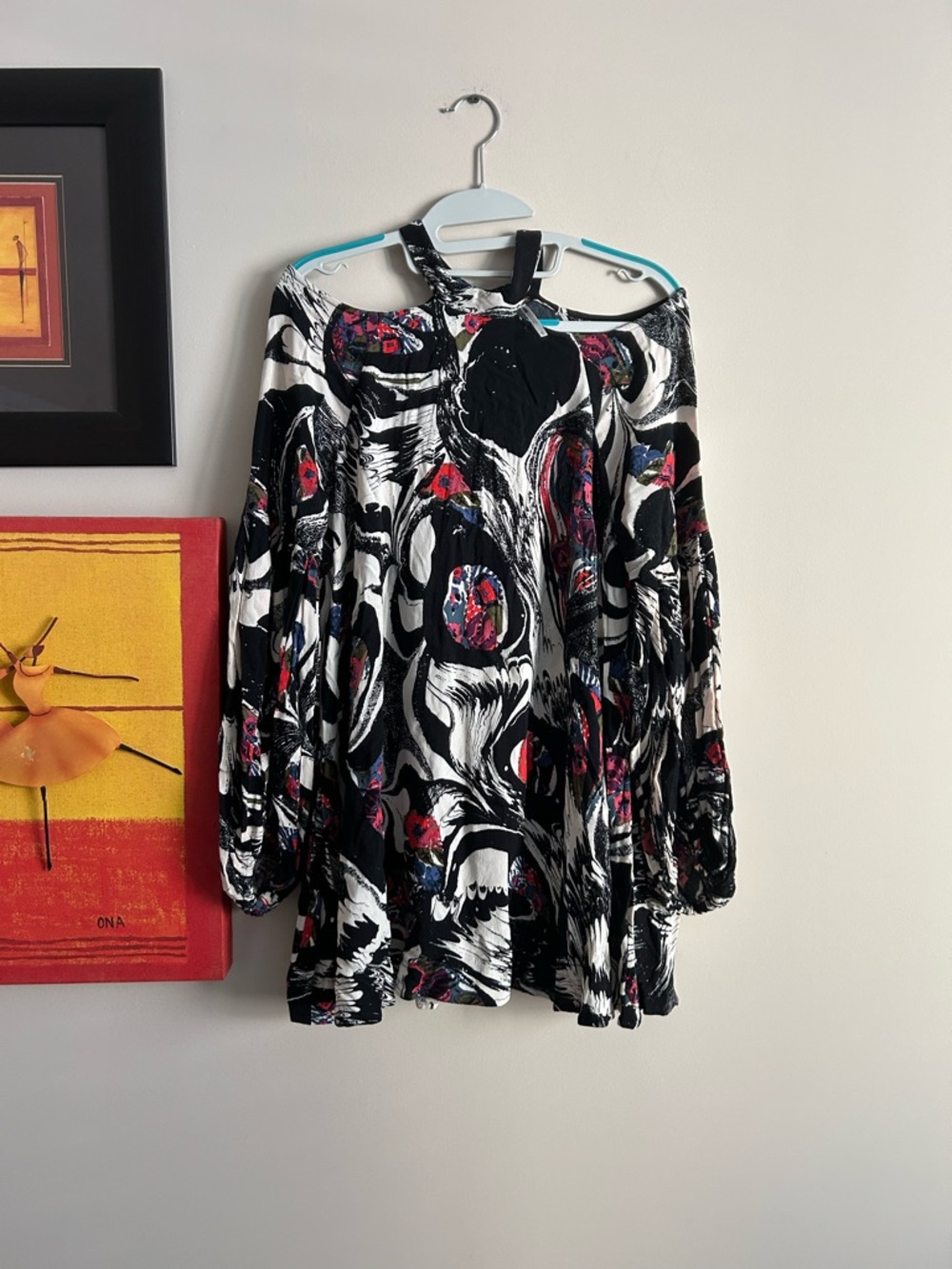 Free People Black White Floral-Print Mini Dress with Red Accents